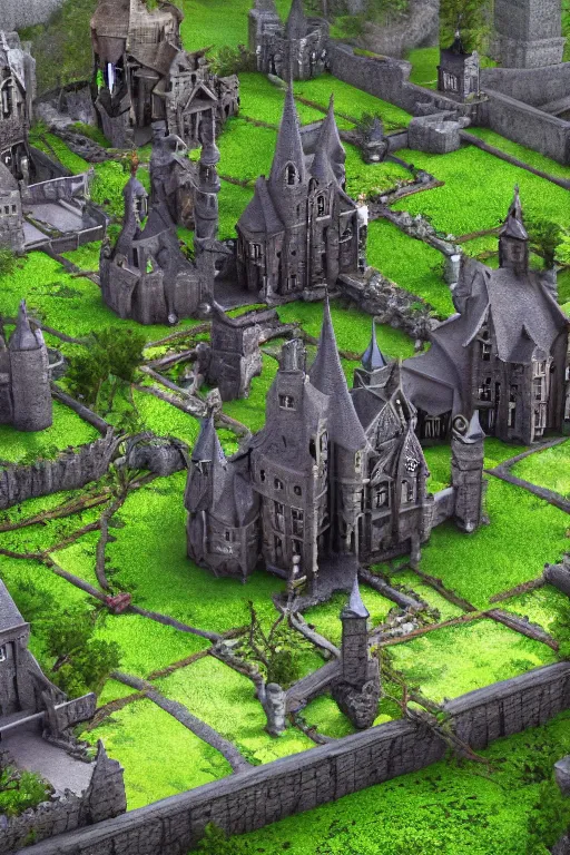 Image similar to matte painting photo of witch academy castle with many bonsai trees on the right with small waterfall, highly detailed garden in the middle, many stone statues, gothic building style, highly detailed, 4k, 8k resolution, trending on artstation, octane render.