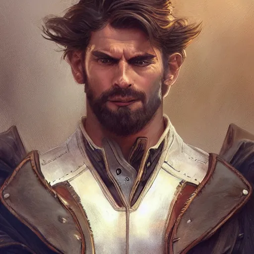 Image similar to portrait of a young, ruggedly handsome ranger, soft hair, muscular, half body, leather, fantasy, intricate, elegant, highly detailed, digital painting, artstation, concept art, smooth, sharp focus, illustration, art by artgerm and greg rutkowski and alphonse mucha