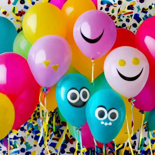 Image similar to birthday balloons with smiley faces floating in the clouds