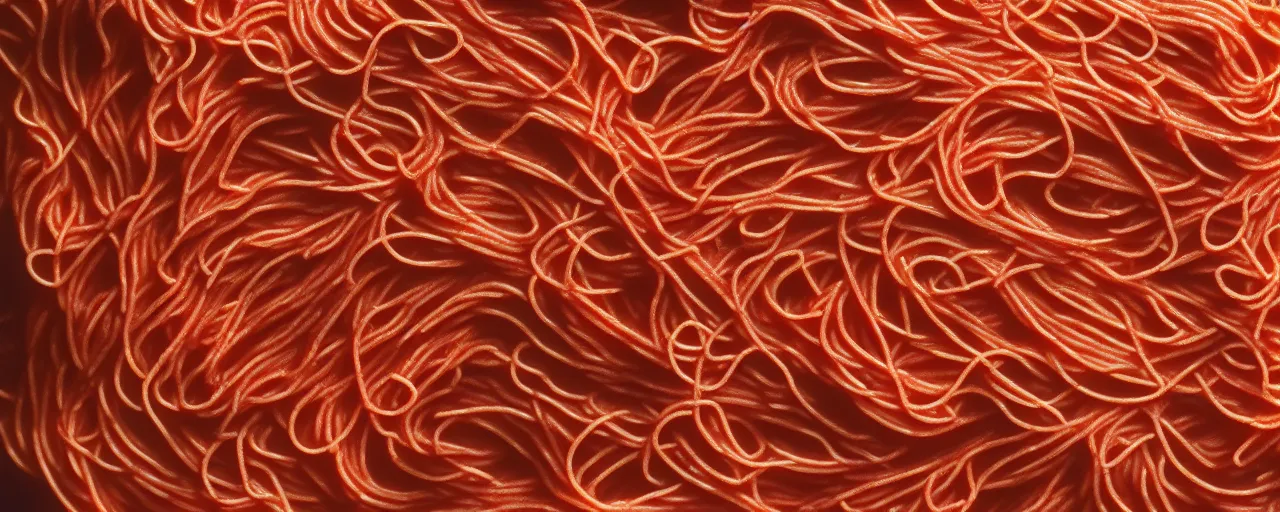 Image similar to full bleed macro shot of spaghetti texture, intricate, canon 1 0 0 mm, cinematic lighting, wes anderson film, kodachrome