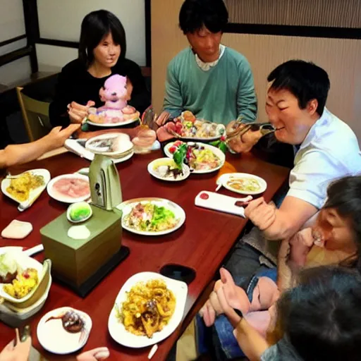 Image similar to photo of a japanese family having dinner with shrek