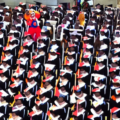 Prompt: clown college graduation ceremony, wide angle distant shot