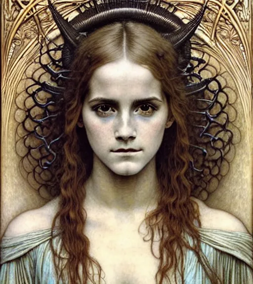 Image similar to detailed realistic beautiful young medieval alien robot emma watson face portrait by jean delville, gustave dore and marco mazzoni, art nouveau, symbolist, visionary, gothic, pre - raphaelite. horizontal symmetry by zdzisław beksinski, iris van herpen, raymond swanland and alphonse mucha. highly detailed, hyper - real, beautiful, fractal baroque