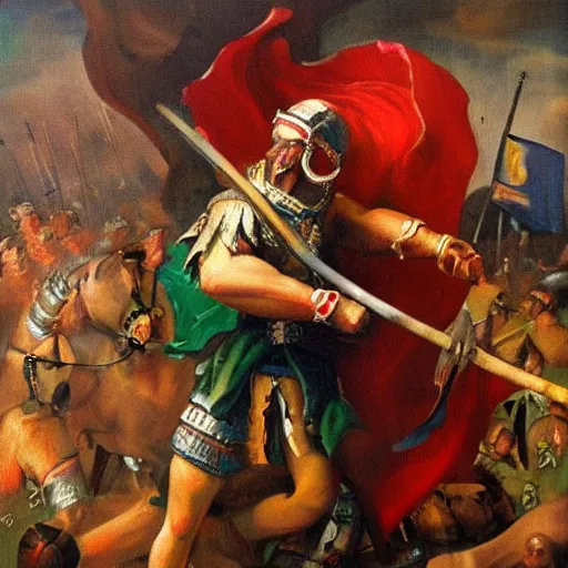 Prompt: the king of trolls after destroying the rival armies in a tough fight. oil painting