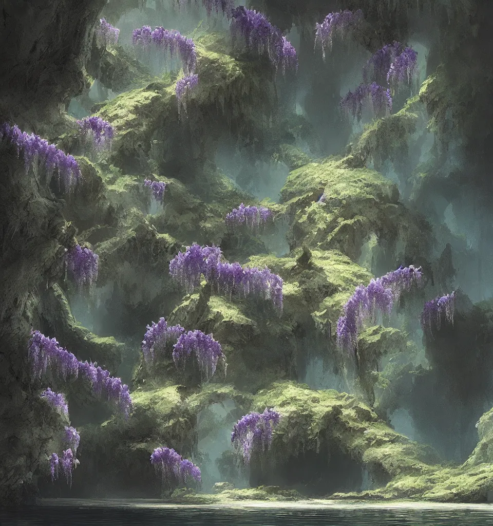 Prompt: “ a painting of a tiny wisteria tree at the bottom of a huge beautiful cave with a lake, a detailed matte painting by artem demura, artstation hq, matte painting, volumetric lighting ”