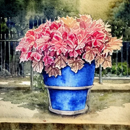 Prompt: a beautifull intricate watercolor painting of potted planter with flowers inside sitting on wet sidewalk, reflexions, high details by william turner art