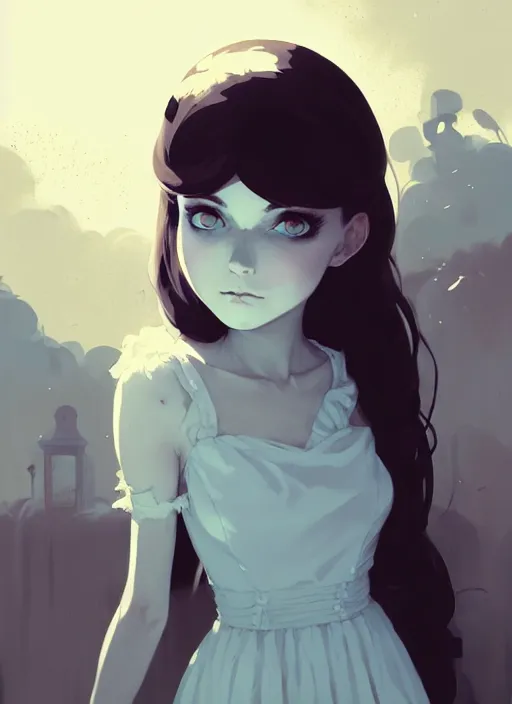 Image similar to highly detailed portrait of gothic lolita in a white dress, dark mood, by atey ghailan, by greg rutkowski, by greg tocchini, by james gilleard, by joe fenton, by kaethe butcher, gradient light blue, brown, blonde cream and white color scheme, grunge aesthetic