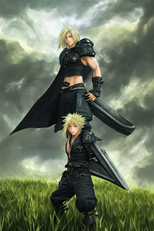 Image similar to cloud from final fantasy 7, battle stance , highly detailed, in a magical lush field of overgrown plants, digital painting, artstation, concept art, smooth, sharp focus, illustration, cinematic lighting, art by artgerm and greg rutkowski and Annie Leibowitz