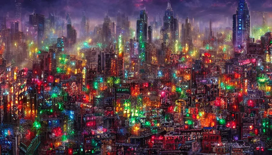 Image similar to a gritty cityscape made of sapphires, emeralds, and rubies, matte art, 4k