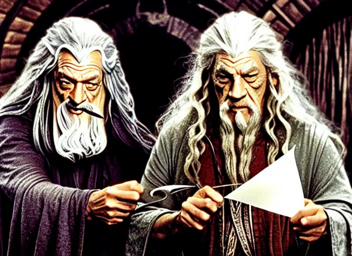 Prompt: gandalf and frodo in bag end, gandalf is holding an envelope above his head, bag end in the style of h. r. giger, image from a movie