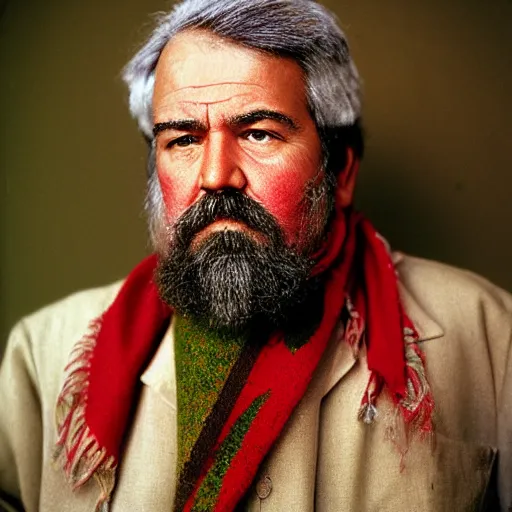Image similar to portrait of president chester a arthur as afghan man, green eyes and red scarf looking intently, photograph by steve mccurry