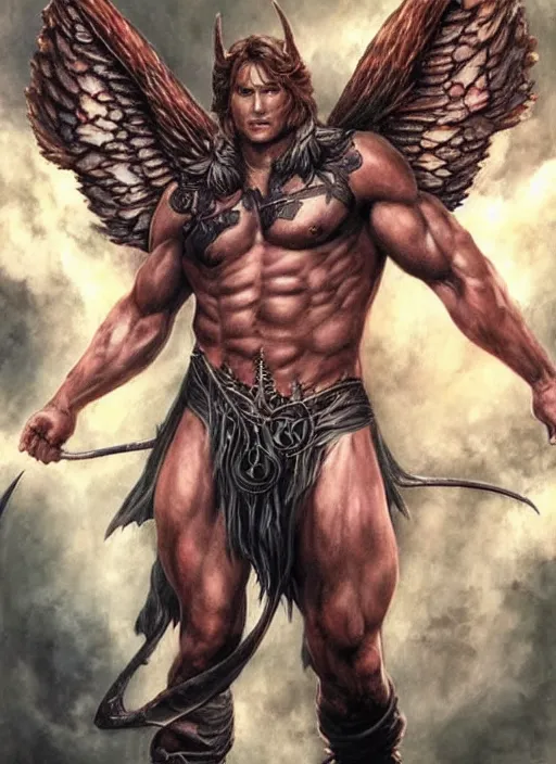 Prompt: attractive Sam Winchester as a muscular angel with demon wings wide open, whole body tattooed with runes and satanic symbols, D&D!, fantasy style, sharp focus!, ultra detailed, art by Artgerm and Peter Andrew Jones, WLUP