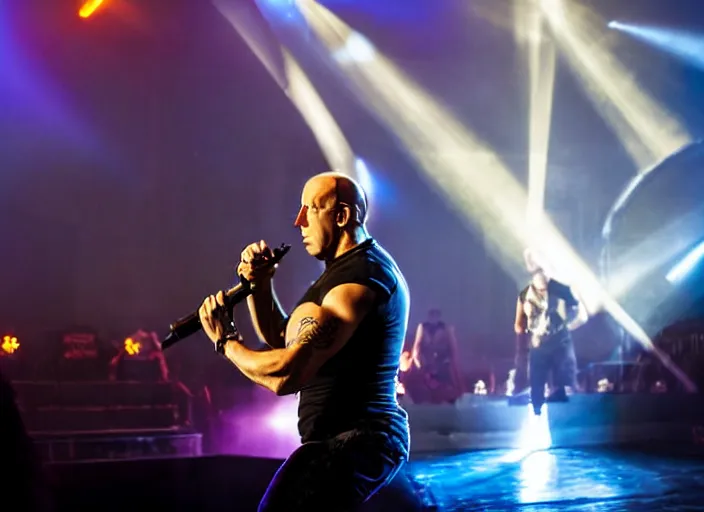 Image similar to publicity photo still of vin diesel in blind guardian live on stage, 8 k, live concert lighting, mid shot