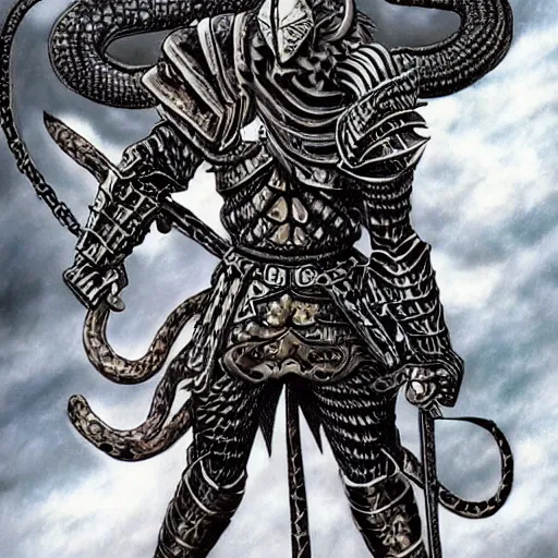 Image similar to a warrior with snake themed armour, kentaro miura art style