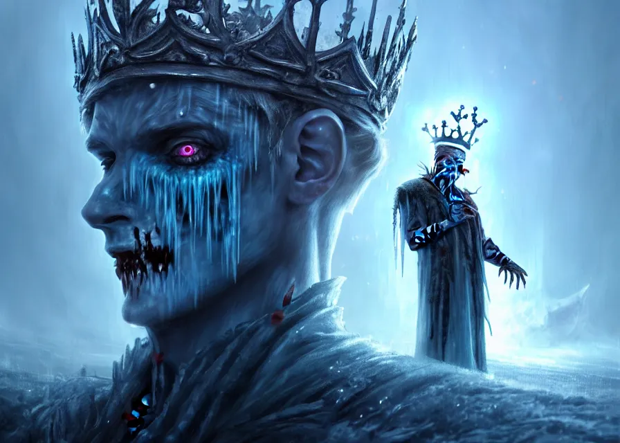 Image similar to frozen zombie man with a crown, eyes glow blue, broken ship in the background, is at dawn and bluish, fantasy, intricate, elegant, highly detailed, digital painting, artstation, concept art, matte, sharp focus, illustration, art by aenaluck and roberto ferri and greg rutkowski, epic fantasy, digital painting