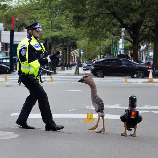 Prompt: A Helpful Police Robot Assists Ducks Crossing the Street