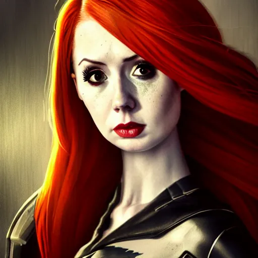 Prompt: Karen Gillan Batgirl, redhead, full body Batgirl ripped costume with cape, no mask, bruised and bloody face, symmetrical face symmetrical eyes, dark alleyway, illustration, artstation, cinematic lighting, hyperdetailed, cgsociety, 8k, high resolution, Charlie Bowater, Tom Bagshaw, Norman Rockwell, insanely detailed and intricate