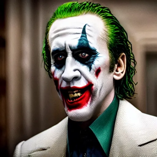 Prompt: film still of Nicolas Cage as joker in the new Joker movie