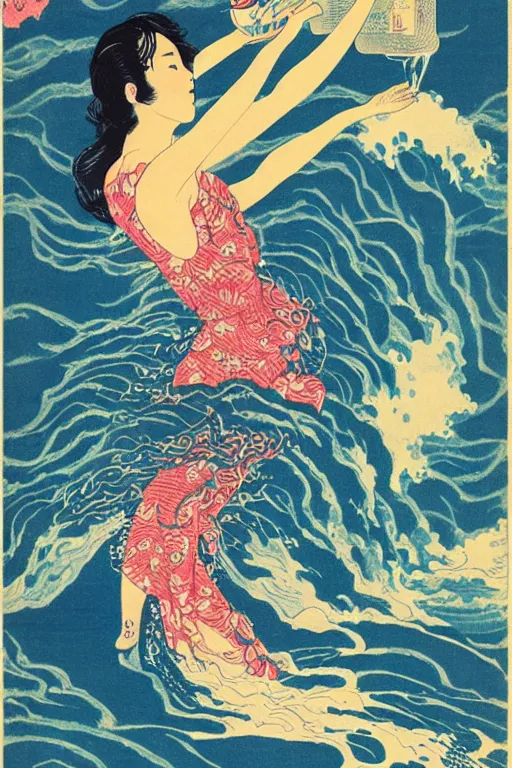 Prompt: Beautiful vintage Japanese poster woman with water as hair flowing down a river, 10% surreal, risograph poster, beautiful colors, deep meaning, Intricate image, moving