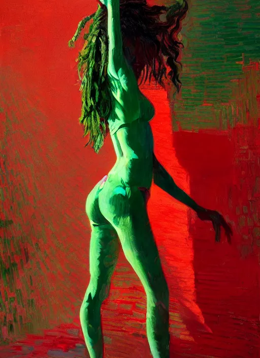 Prompt: portrait of yael shelbia, sensual, ecstatic, dancing, shades green and red, beautiful face, rule of thirds, intricate outfit, spotlight, by greg rutkowski, by jeremy mann, by francoise nielly, by van gogh, digital painting