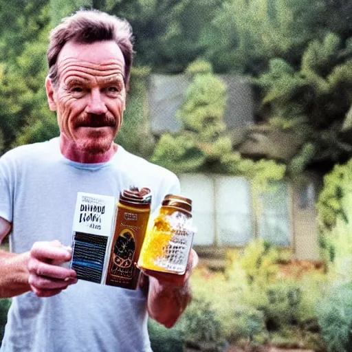 Image similar to bryan cranston holding a bag of meth inspired by Rene Laloux Dan Mumford