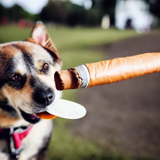 Image similar to a photo of a dog in a park with a small cigar in his mouth