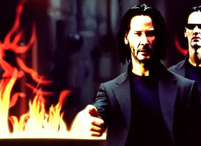 Prompt: A photo of Keanu Reeves as Neo in The Matrix movie doing a thumb up to the camera in front on burning servers, servers in flames in the background, happy system administrator doing a thumb up, uncropped, full body, crispy, ultra detailed