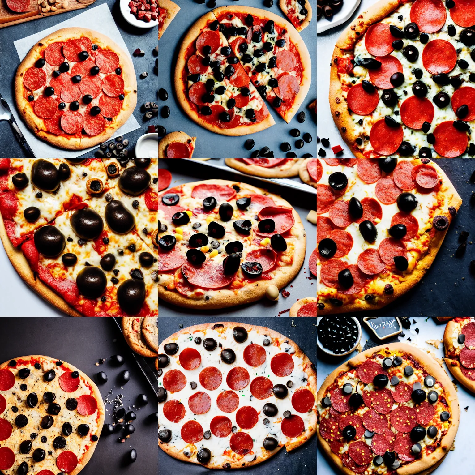 Prompt: a pizza topped with cookies dough bites and pepperoni and black olives, professional food photography