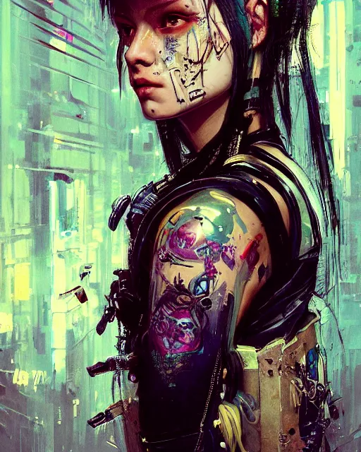 Image similar to detailed portrait Young Gangster Girl cyberpunk futuristic ((neon)) tattoes, styled hair Reflective gauzy fine-spun film jacket, decorated traditional ornaments by Carl Spitzweg ismail inceoglu dragan bibin hans thoma greg rutkowski Alexandros Pyromallis Nekro illustrated Perfect face, fine details, realistic shaded, fine-face, pretty face