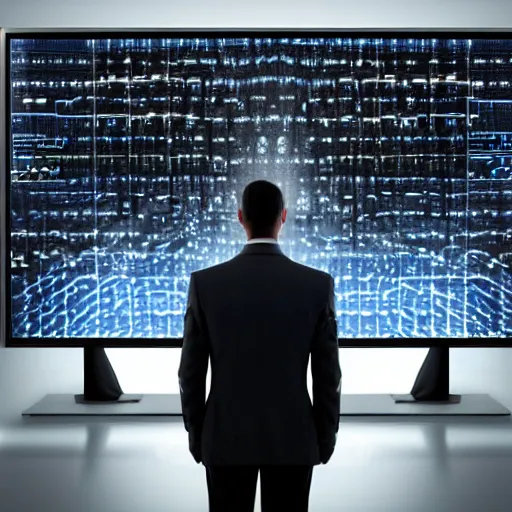 Image similar to a man in gray corporate suit standing in dark in front of supercomputer with many monitors and displays, on one of the monitors the skynet logo, photorealistic, highly detailed, 4 k, hd