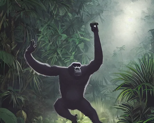Image similar to a gorilla playing volleyball in a jungle, digital art, in the style of greg rutkowski