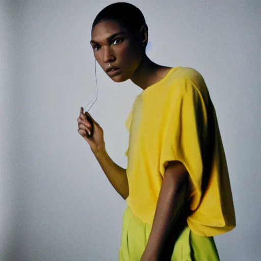 Image similar to realistic photoshooting for a new balenciaga lookbook, color film photography, portrait of a beautiful woman, in style of Tyler Mitchell, 35mm