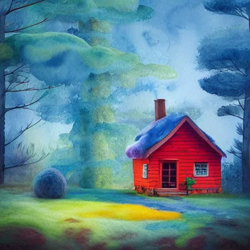 Image similar to small wooden house in the middle of spring forest, bright colours, watercolor, volumetric wool felting, macro photography, children illustration, by rhads