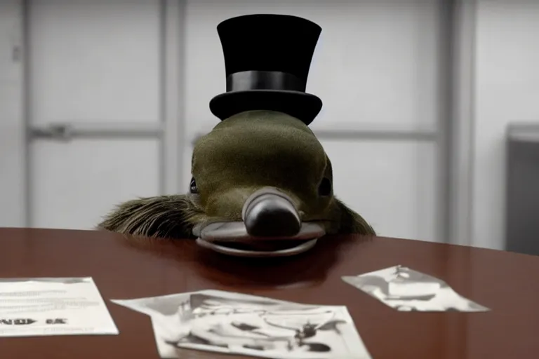 Image similar to platypus wearing top hat on a table in police station by Roger Deakins