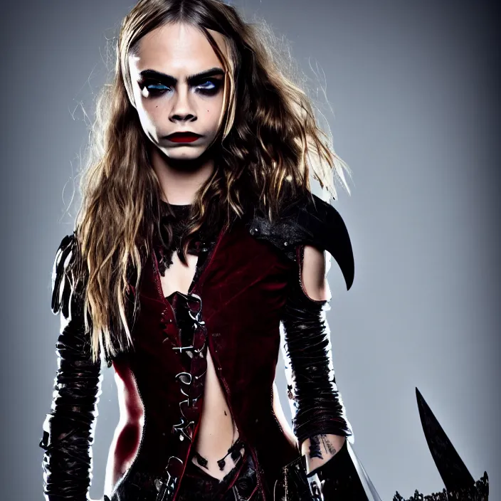 Image similar to professional full length photograph of cara delevingne as a vampire warrior. Extremely detailed. 8k