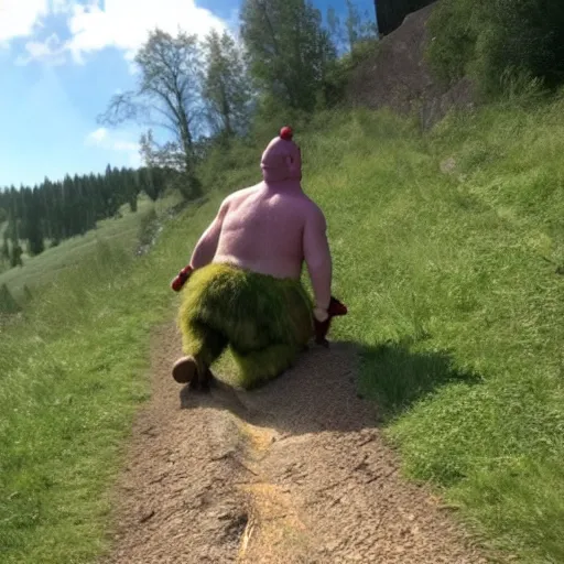 Image similar to shrek rolling down a hill towards a castle with explosives strapped to his chest