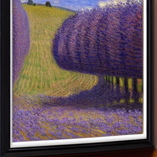 Image similar to deep purple artificial, cosy by fra angelico, by claude monet. a beautiful sculpture depicting a farm scene. the sculpture shows a view of an orchard with trees in bloom.