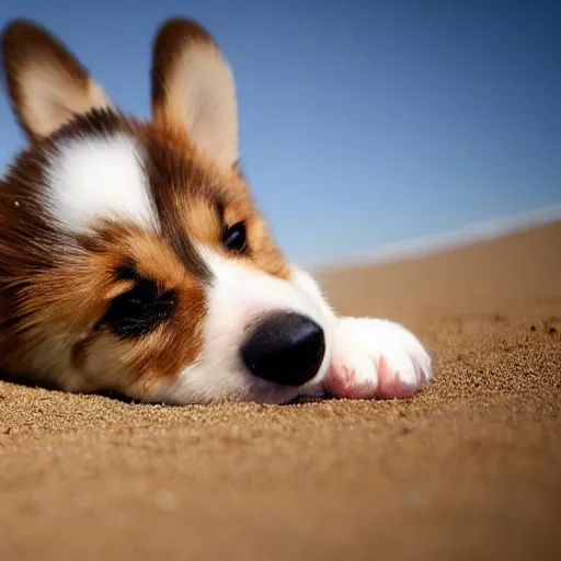 Prompt: 8k highly detailed photograph of the most adorable Corgi Puppies playing with a large beach ball on a sandy beach in California, natural sunlight,