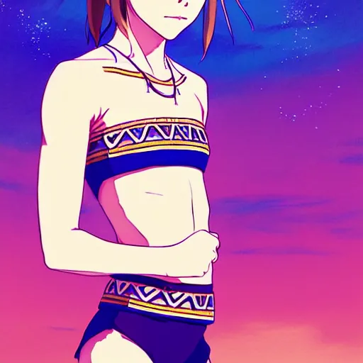 Image similar to a beautiful boyish emma watson alluring instagram model, wearing japanese hiphop aztec leotard outfit with mayan pattern and native style, aztec street fashion bathing suit, botw style, gapmoe yandere grimdark, trending on pixiv fanbox, painted by greg rutkowski makoto shinkai takashi takeuchi studio ghibli, akihiko yoshida