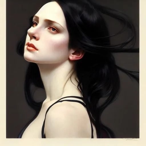 Image similar to portrait of a beautiful, pale skin, female with long black hair, dark, piercing eyes, gentle expression, elegant clothing, photorealistic, highly detailed, artstation, smooth, sharp focus, art by michael whelan, artgerm, greg rutkowski and alphonse mucha