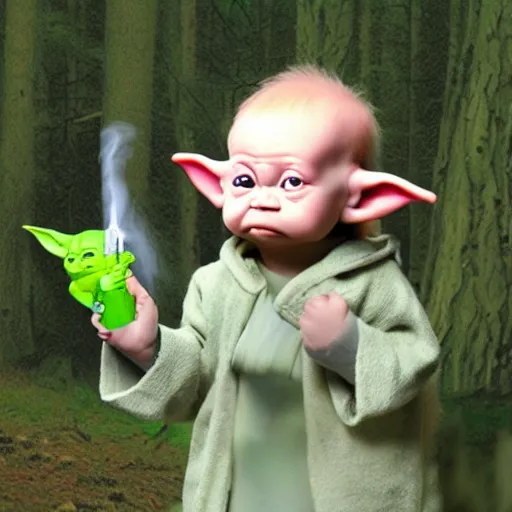 Image similar to baby Yoda photo realistic smoking a bong in a forest