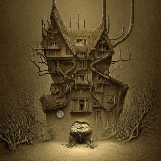 Image similar to the goblin that lives under my house, by john kenn mortensen and zdizslaw beksinski