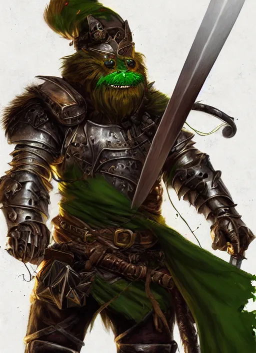 Image similar to photorealistic bugbear ranger holding sword on fire, magic, black beard, dungeons and dragons, pathfinder, roleplaying game art, hunters gear, jeweled ornate leather and steel armour, concept art, character design on white background, by sargent, norman rockwell, makoto shinkai, kim jung giu, artstation trending, poster art, colours red and green