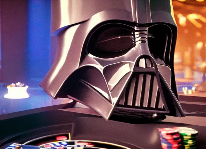 Prompt: film still of Darth Vader gambling in Vegas in the new Star Wars movie, 4k
