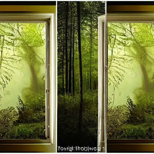 Image similar to View out of 4 picture windows into a dark forest, lit by flood lights at night