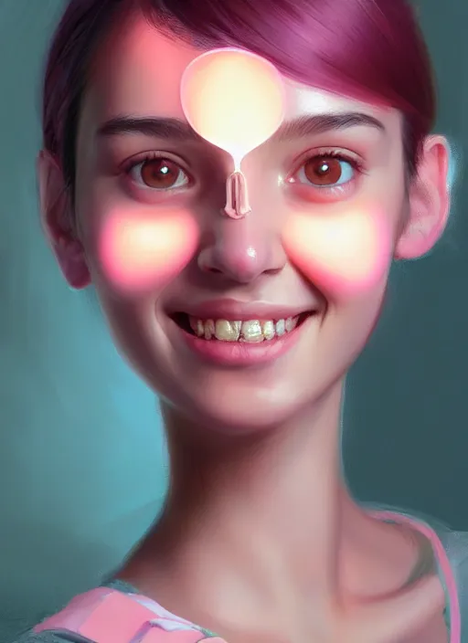 Image similar to portrait of teenage girl, narrow face, black hair, bangs, half updo hairstyle, skinny, smile, unattractive, defined jawline, big chin, wearing pink hair bow, earrings, intricate, elegant, glowing lights, highly detailed, digital painting, artstation, sharp focus, illustration, art by wlop, mars ravelo and greg rutkowski