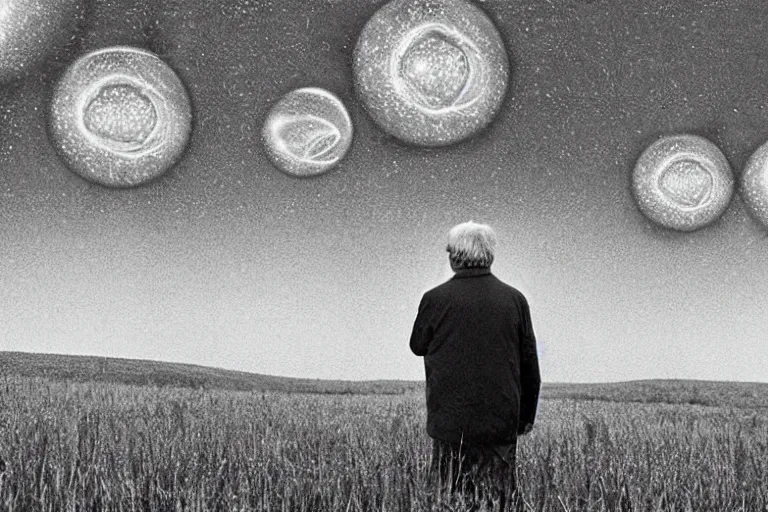 Image similar to an old man in a field looking at multiverse bubbles in the sky, scene from a stanley kubrick movie