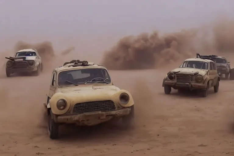 Image similar to epic sandstorm battle, Renault 4 cars in the Movie Mad Max: Fury Road (2015)