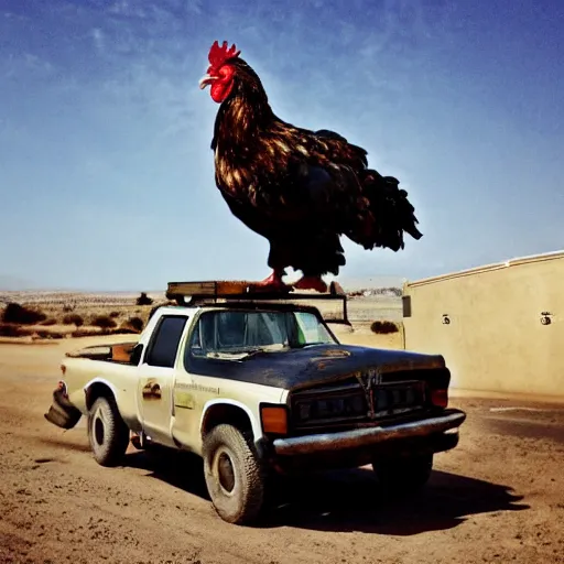 Prompt: chicken on top of a truck, mad max style