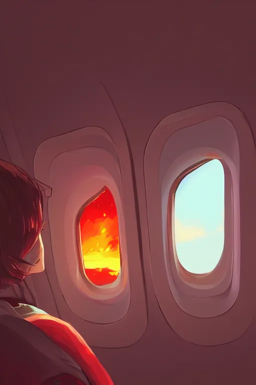 Prompt: passenger looking a huge fire at window in airplane, ilya kuvshinov landscape, very detailed, ArtStation